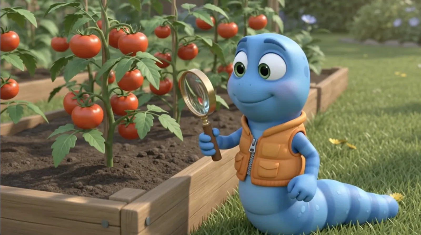 Pip exploring tomatoes in a garden